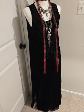 Johnny Was Black Velvet Sleeveless Maxi Dress with Embroidered Flowers Size M
